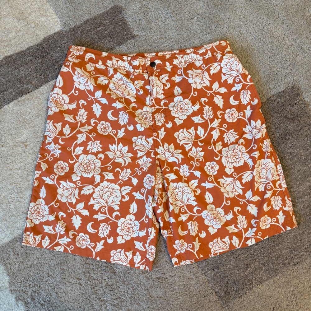 Caribbean Swimwear Mens Orange White Floral Hibiscus Board Shorts Swim Trunks L